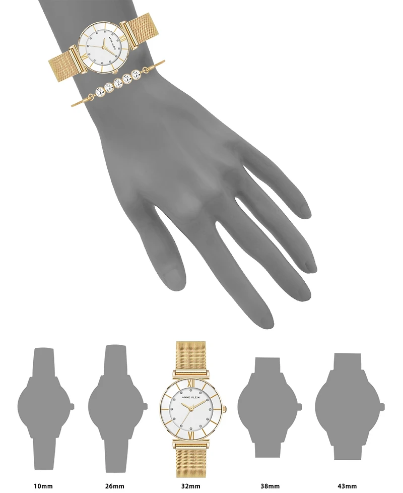 Anne Klein Women's Quartz Round Gold-Tone Stainless Steel Mesh Watch Set, 32mm