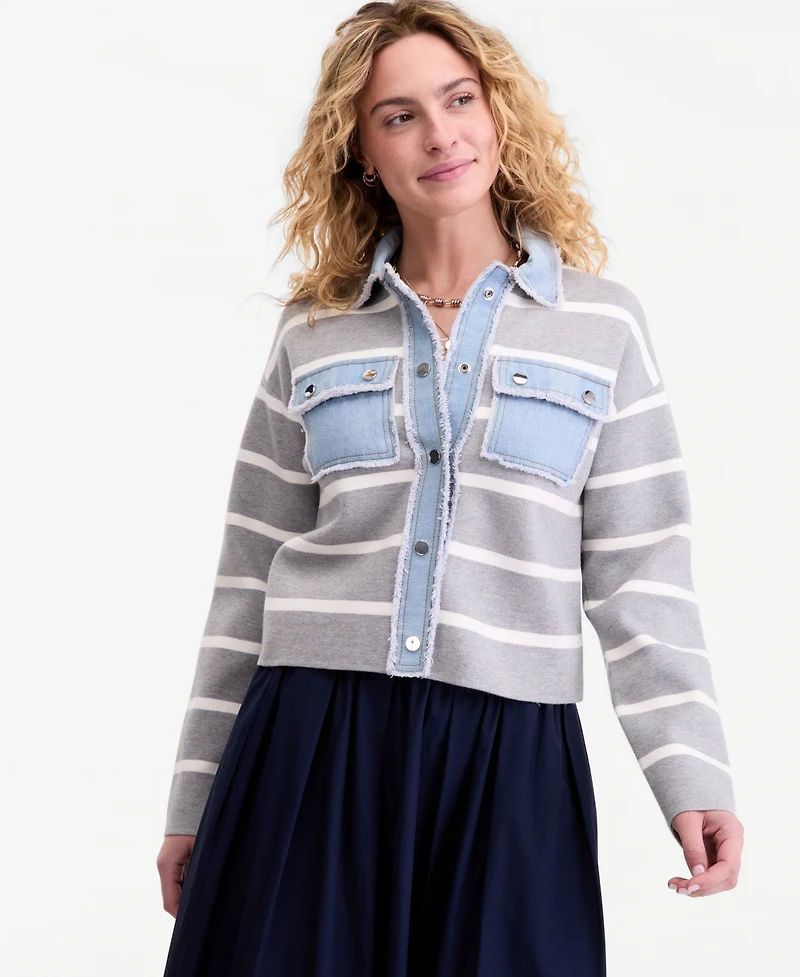 On 34th Women's Denim-Trim Striped Cardigan Jacket, Macy's Exclusive