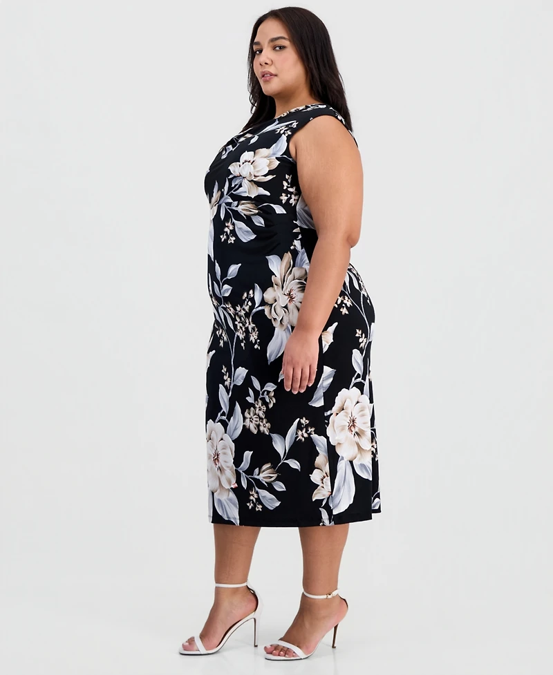 Connected Plus Floral Draped-Neck Side-Tuck Dress