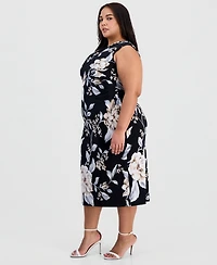 Connected Plus Floral Draped-Neck Side-Tuck Dress