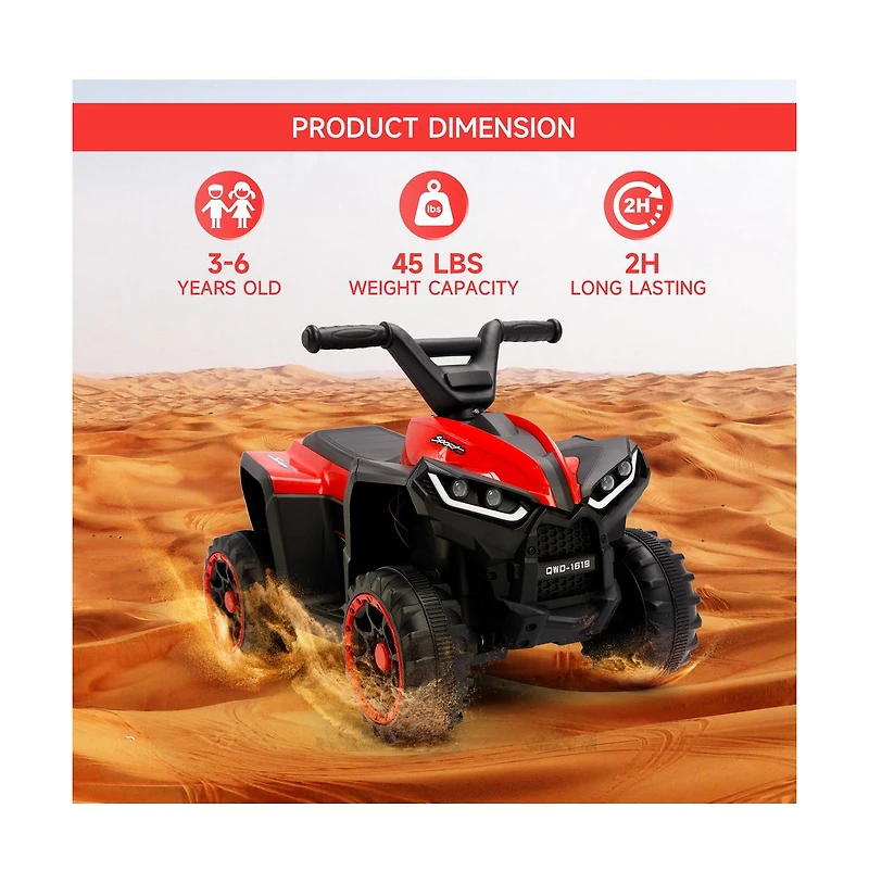 Bruce & Shark 12V Kids Electric Ride-On Car, Atv Style with Led Light, Music & Safety Belt