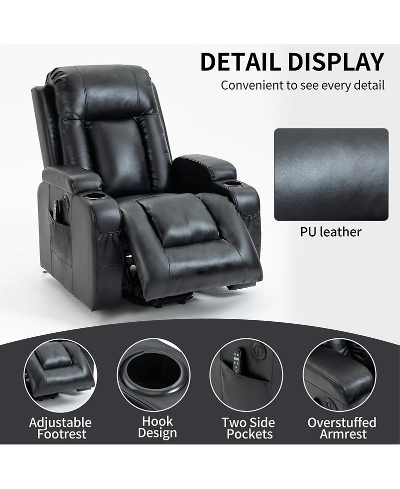 Maison Boucle Faux Leather Power Lift Recliner for Elderly with Massage & Heat, Infinite Position Chair Usb, Cup Holders, Heavy-Duty Base