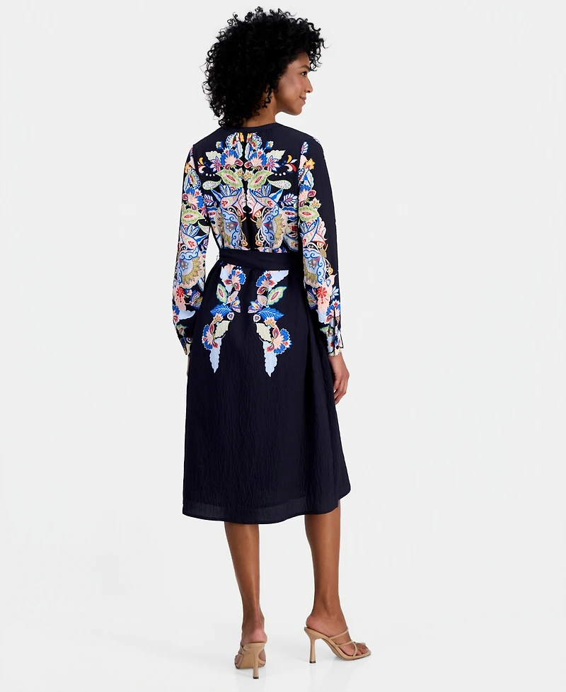 T Tahari Women's Spllit-Neck Belted A-Line Dress