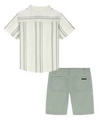 Calvin Klein Boys' Toddler 2T-4T Striped Short-Sleeve Shirt and Twill Shorts, 2-Piece Set