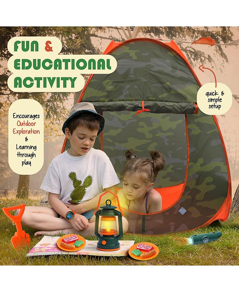 Clara Clark 17 Piece Kids Camping Play Set - with Pop Up Tent, Campfire and Camping Toys - for Indoor and Outdoor Pretend Play