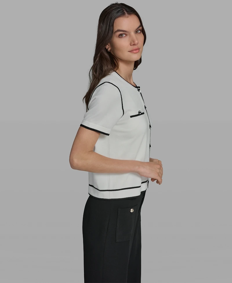 Karl Lagerfeld Paris Petite Short-Sleeve Tipped Sweater