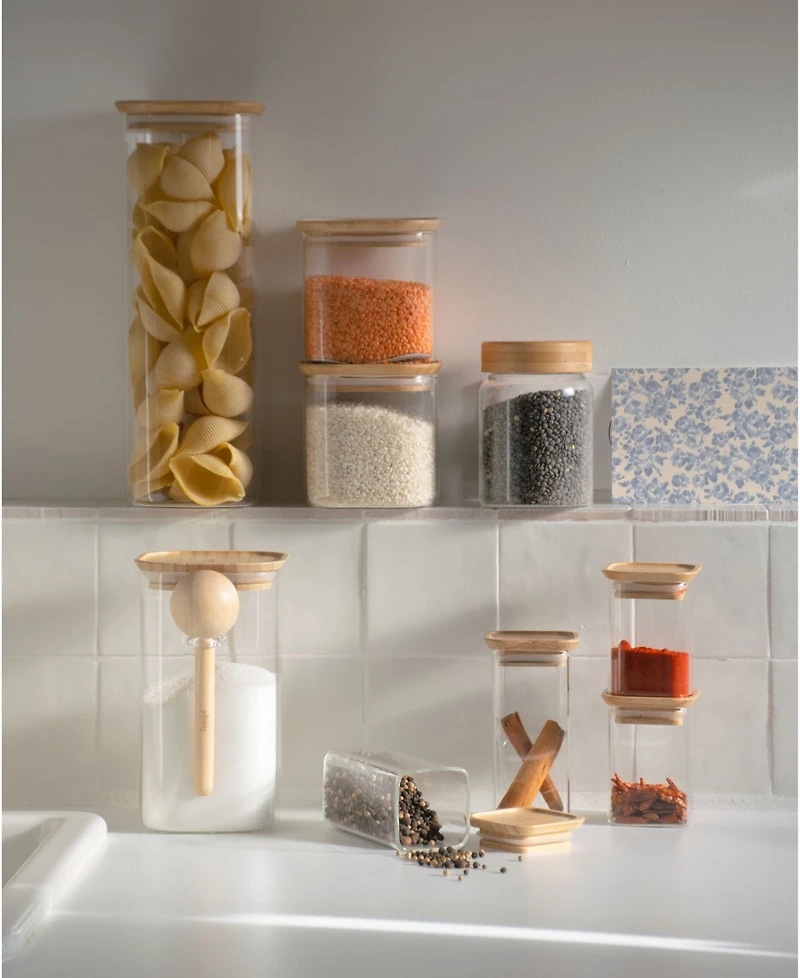 Pebbly Square Glass Bamboo Canisters for Spice Herbs, Set of 4