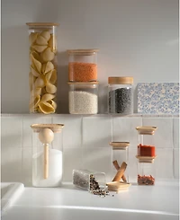 Pebbly Square Glass Bamboo Canisters for Spice Herbs, Set of 4