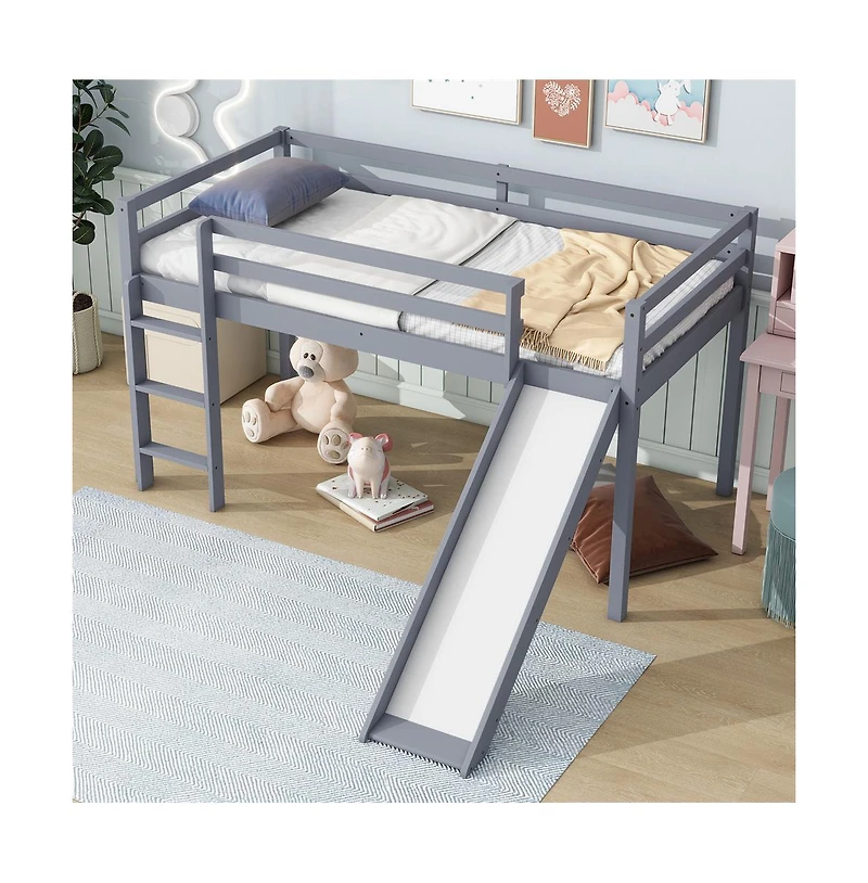 Cesicia Twin Low Loft Bed with Slide & Ladder Rubber Wood Play Safety Guardrails for Kids