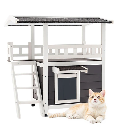 Cozito 30" 2-Story Wooden Outdoor Cat House with Balcony & Stairs