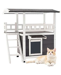 Cozito 30" 2-Story Wooden Outdoor Cat House with Balcony & Stairs