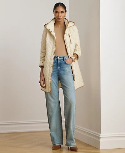 Lauren Ralph Womens Hooded Quilted Faux-Suede-Trim Coat