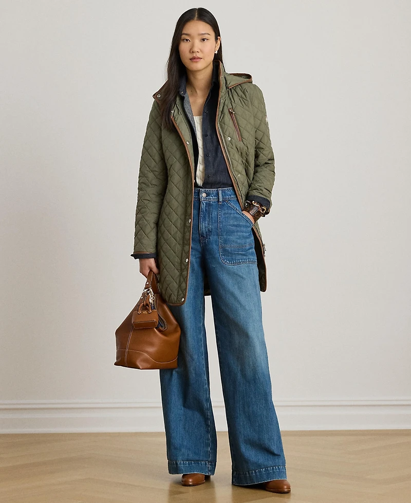 Lauren Ralph Womens Hooded Quilted Faux-Suede-Trim Coat