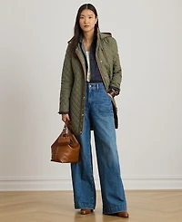 Lauren Ralph Womens Hooded Quilted Faux-Suede-Trim Coat