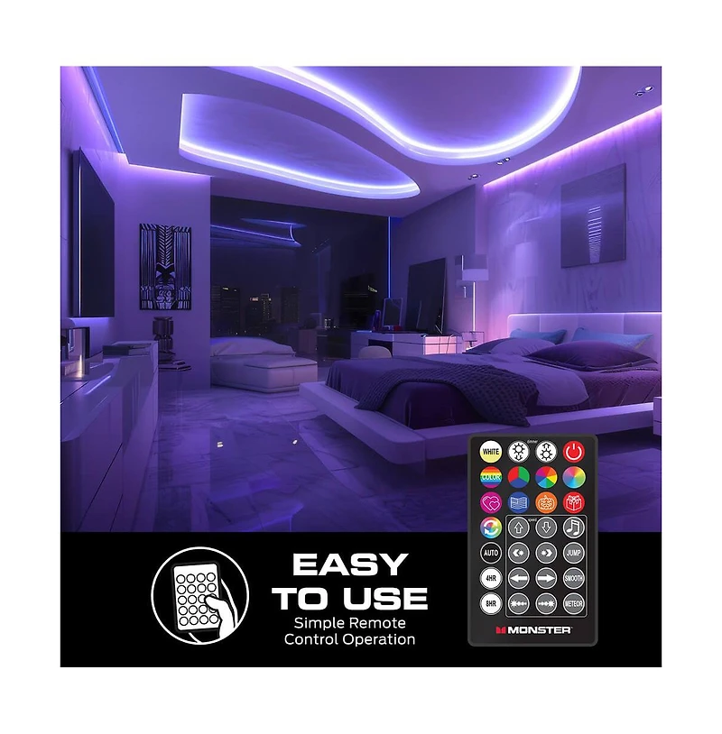 Monster Cable 100 Ft Ir Remote-Controlled Rgb+Ic Indoor Led Light Strip with Dynamic Color Flow Effects & Sound Reactive Modes