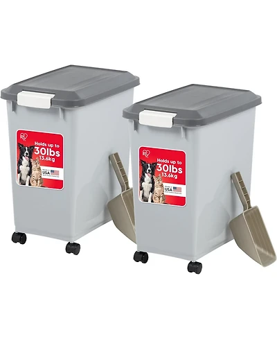 Iris Usa 30 lbs Dog Food Storage Container with Wheels, Airtight Lid, 2-Cup Scoop, 2 Pack, Gray/Dark Gray