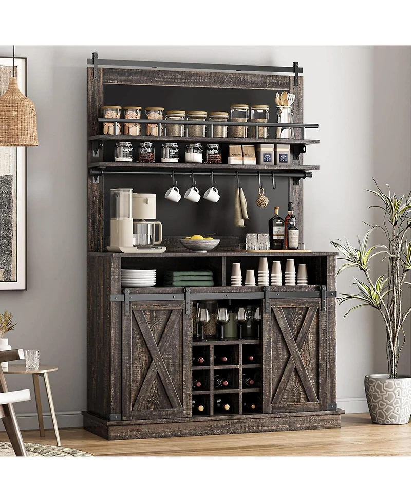gaomon 75 Inch Farmhouse Coffee Bar Cabinet with Sliding Barn Doors, Storage Buffet Sideboard Adjustable Shelves