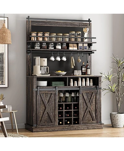 gaomon 75 Inch Farmhouse Coffee Bar Cabinet with Sliding Barn Doors, Storage Buffet Sideboard Adjustable Shelves