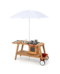 Sugift Wooden Play Cart with Sun Proof Umbrella for Toddlers Over 3 Years Old-Brown