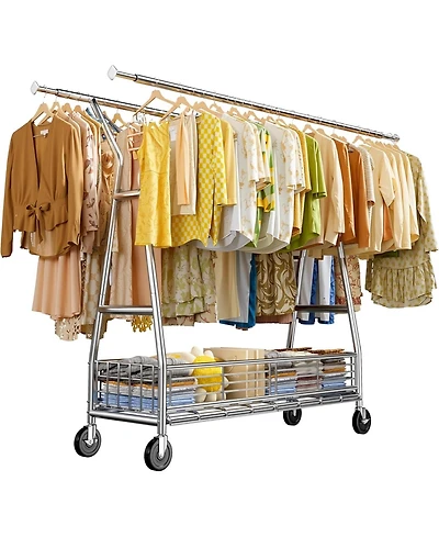 Raybee Double Rod Clothing Rack with Storage Basket, Portable Heavy-Duty Garment Rack, Adjustable for Bedroom, Closet, Commercial