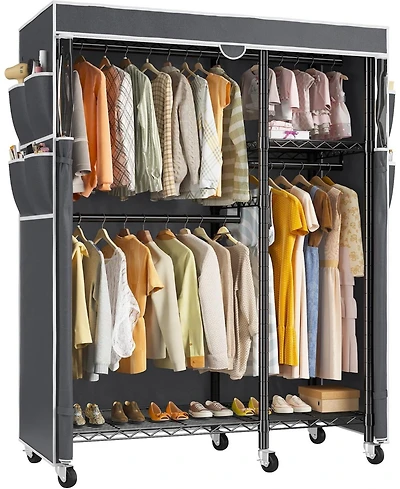 Raybee Clothes Rack with Cover Clothing Racks for Hanging Clothes Heavy Duty Portable Closet with Wheels，Rolling Garment Rack for Bedroom