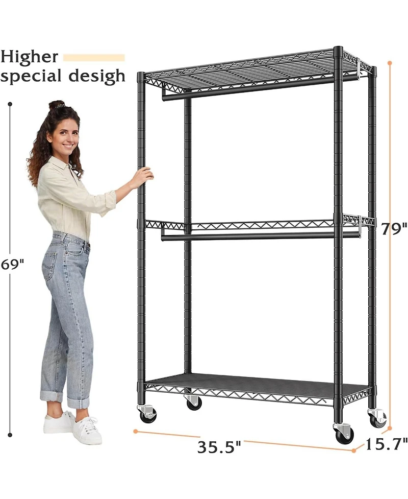 Raybee Clothing Rack with Wheels,Clothes Rack for Hanging Clothes,Portable Closet,2 Shelves