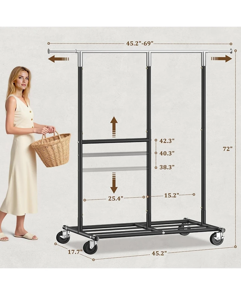 Raybee Heavy Duty Clothes Rack, Adjustable Clothing Rack with Wheels, 455 Lbs Static Load Capacity, 69.1" W Rolling Garment Rack for Walk-in Clos