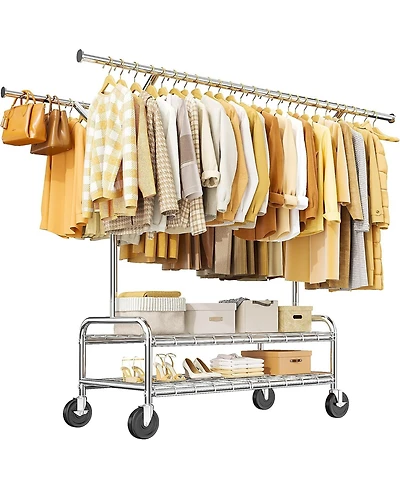 Raybee Heavy Duty Clothes Rack Load 500 Lbs, Rolling Clothing Rack with Wheels, Double Rods Clothing Racks for Hanging Clothes, Portable