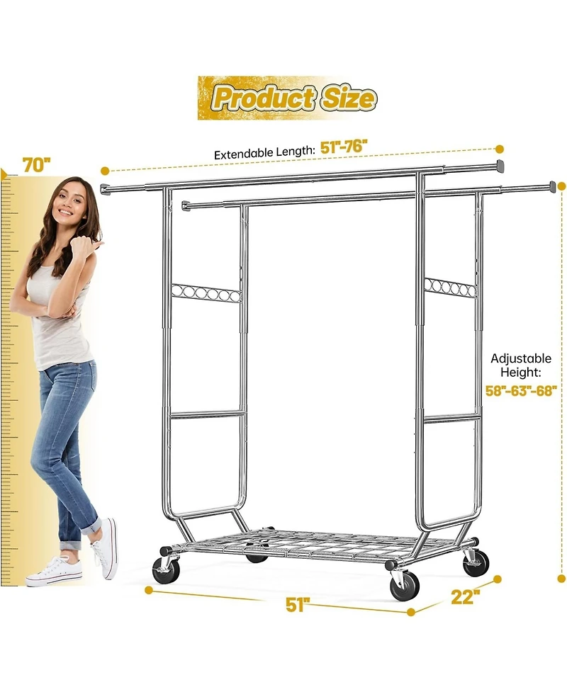Raybee Clothes Rack Load 620 Lbs, Metal Garment Storage with Shelf & Sturdy Wheels, Rolling Clothing Rack