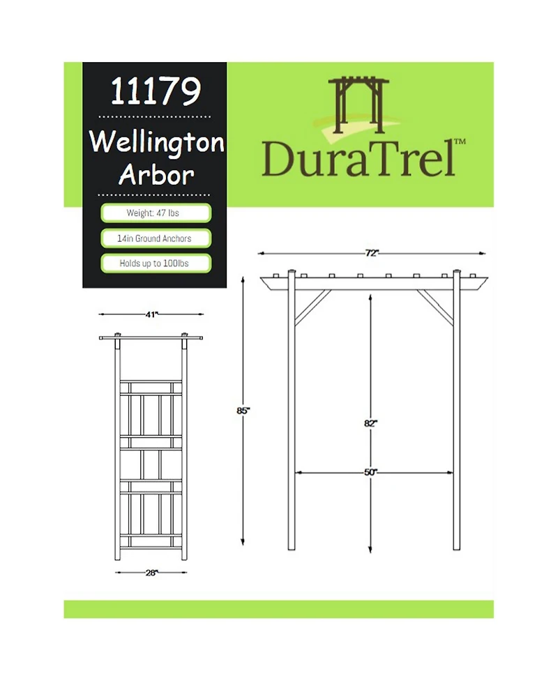Dura-Trel Wellington Arbor 72" x 85" Outdoor Garden Arch Lattice Trellis
