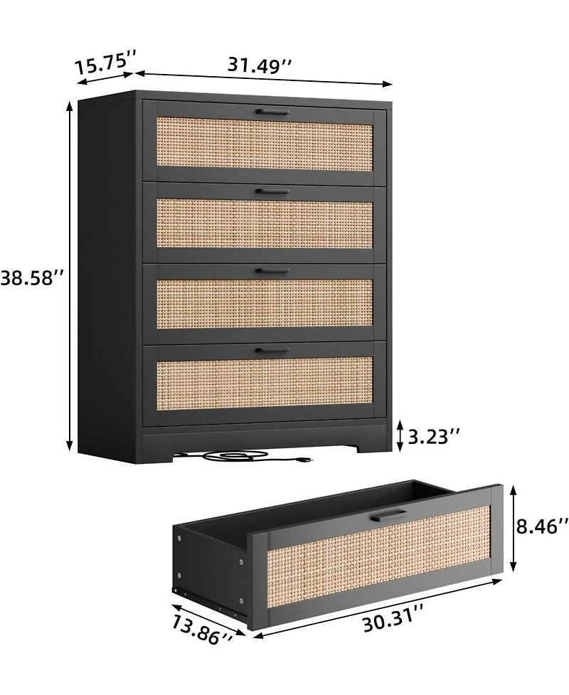 gaomon 4-Drawer Modern Rattan Dresser, Tall Chest with Power Outlets, Metal Handles, Wood Organizer for Bedroom, Living Room, Hallway