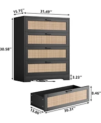 gaomon 4-Drawer Modern Rattan Dresser, Tall Chest with Power Outlets, Metal Handles, Wood Organizer for Bedroom, Living Room, Hallway