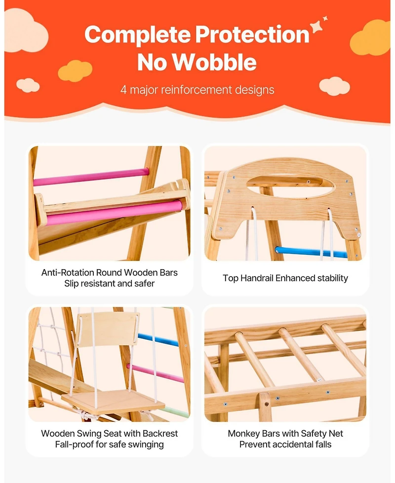 Mecale 7-in-1 Wooden Indoor Playground with swing, slide, monkey bar, ladders & net, holds up to 250 lbs.
