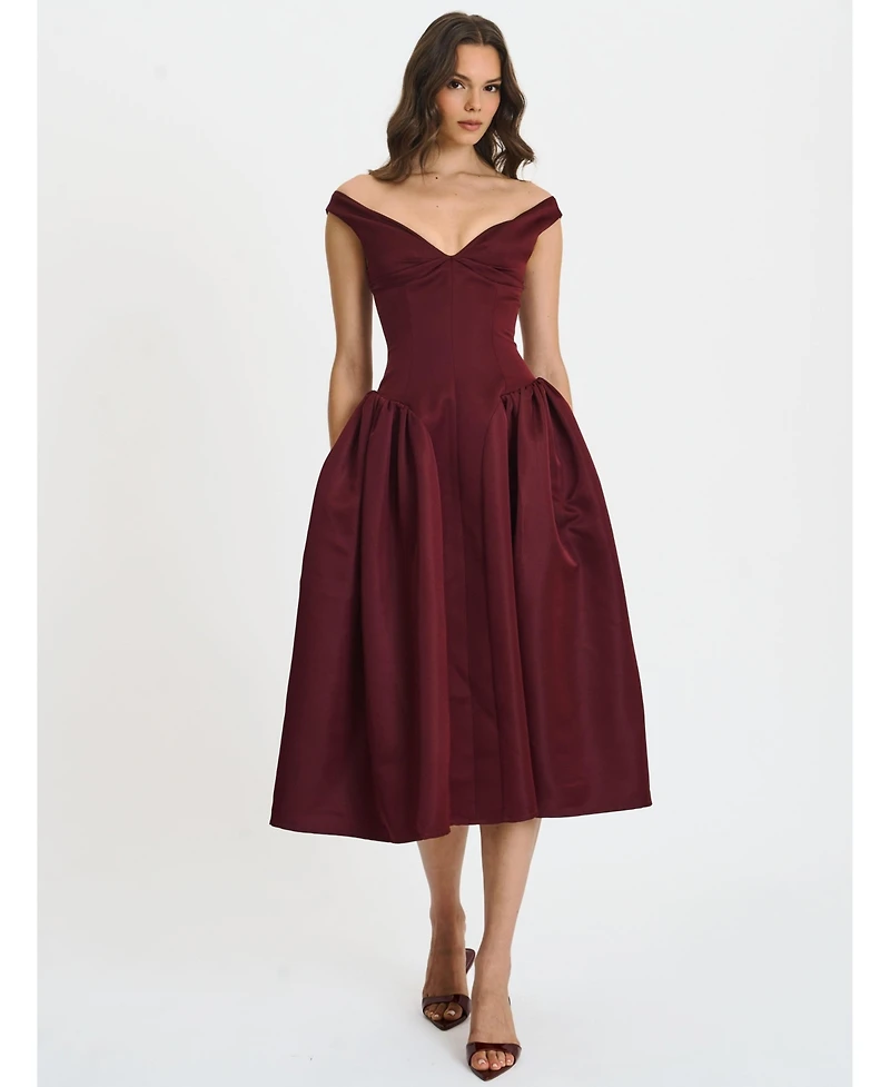 Miss Circle Women's Omella Burgundy Ruched Bust Sweetheart Flared Maxi Dress