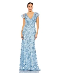 Mac Duggal Women's Embroidered Applique Wrap Over Flutter Sleeve Gown