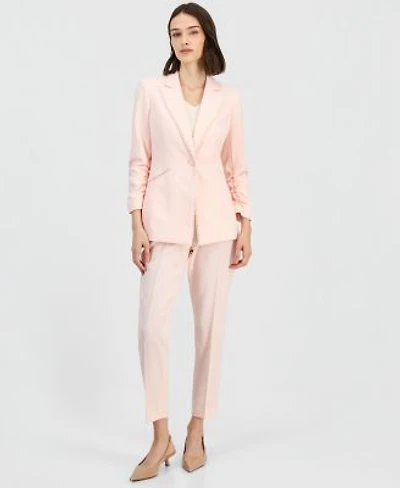 Tahari Asl Womens Faux Pearl Trim Ruched Sleeve Blazer Straight Leg Ankle Pants