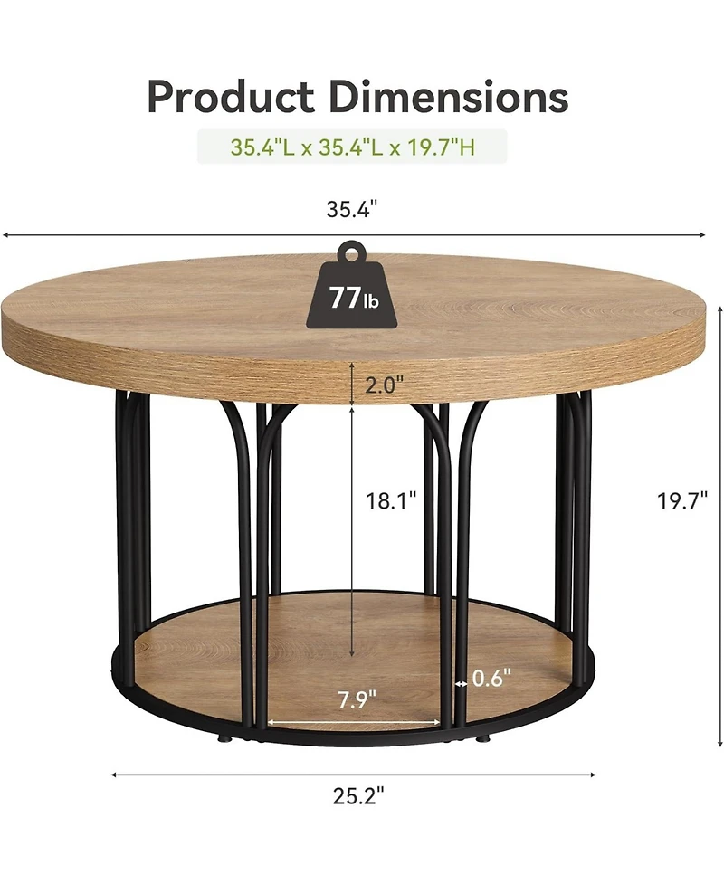 Tribesigns 35.5-Inch Rustic Wood 2-Tier Round Coffee Table with Open Storage