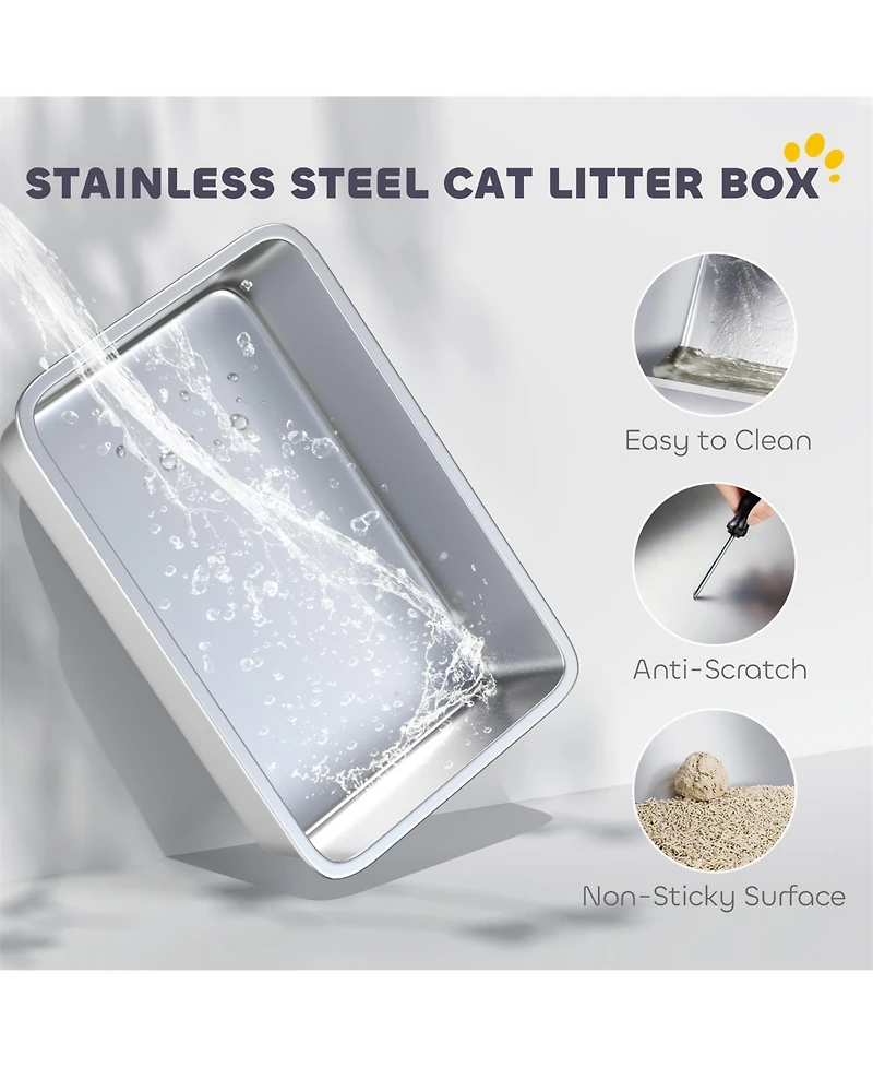 Aostirmotor Light Gray Stainless Steel Litter Box with Flip Cover: Spacious, Odor-Containing Design for Large Cats