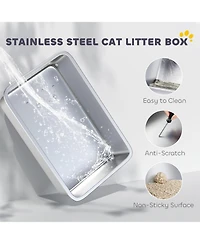Aostirmotor Light Gray Stainless Steel Litter Box with Flip Cover: Spacious, Odor-Containing Design for Large Cats