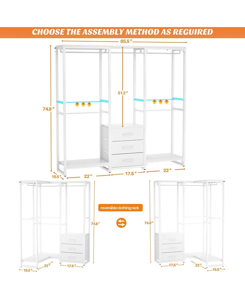 Aheaplus Heavy Duty Closet Rack with 5 Hanging Rods & 3 Fabric Drawers, Reversible Garment Rack with Shelves for Closet/Bedroom