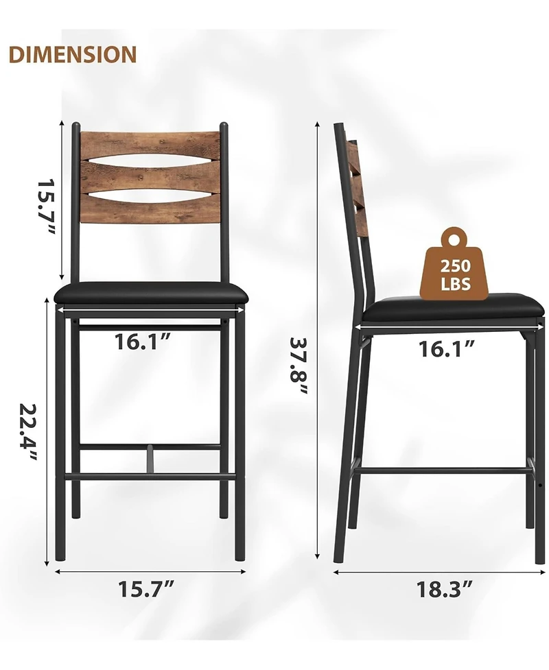 Gaomon Wooden Bar Stools Set of 2, Faux Leather Upholstered Bar Chairs with Backrest, Footrest & Thick Cushion, Counter Height