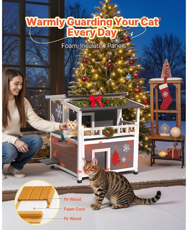 Cozito Insulated 2-Story Wooden Outdoor Cat House with Balcony, 33