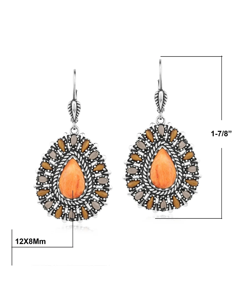 American West Jewelry Sterling Silver Orange Spiny Oyster, Tiger's Eye, and Smoky Quartz Cluster Pear Shaped Dangle Earrings