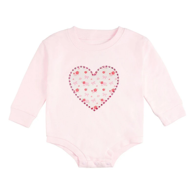Sweet Wink Baby Girls Dainty Rose Pearl Heart Patch Long Sleeve Romper