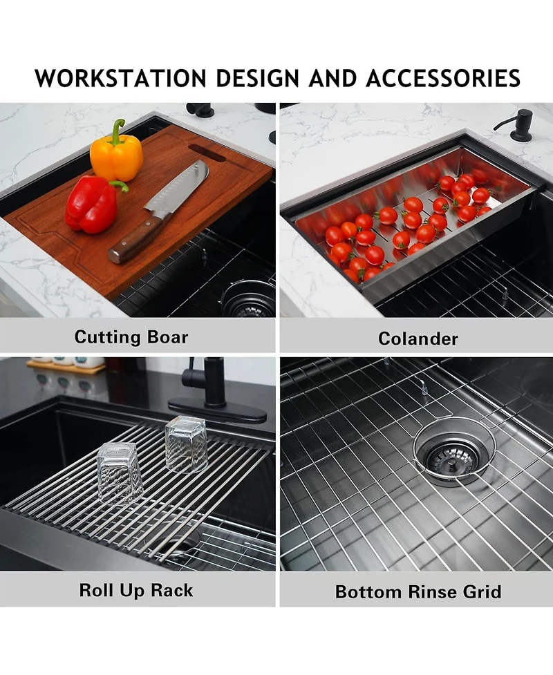 flynama 36x22x10inch Gunmetal Black Farmhouse Kitchen Sink Apron Front Workstation Stainless Steel