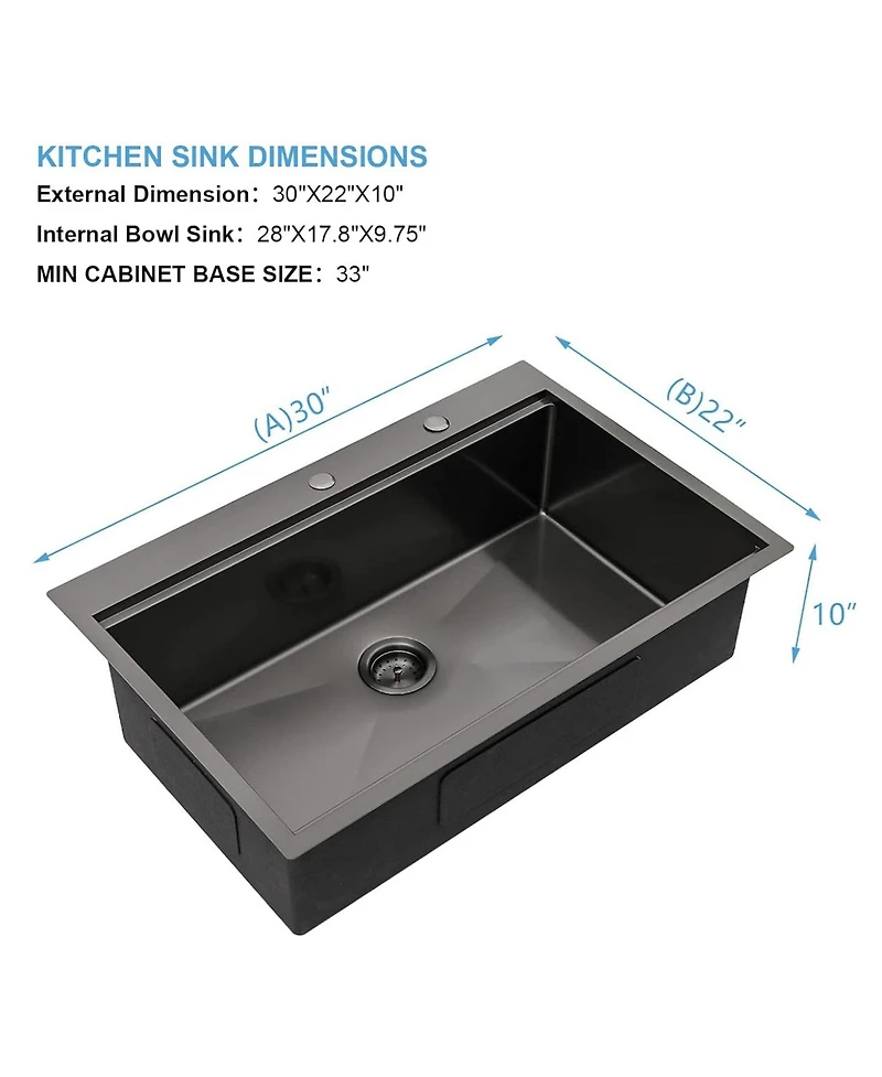 flynama 30inch Drop In Black Workstation Kitchen Sink 16 Gauge Stainless Steel with Full Accessories