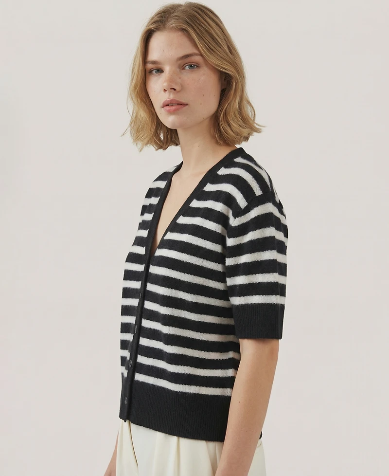 Naadam Women's Short-Sleeve Striped V-Neck Cardigan