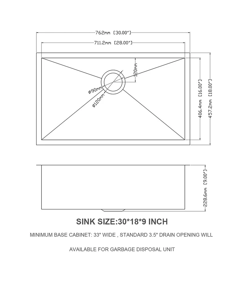huluwat 30x18x9inch 16 Gauge 304 Stainless Steel Undermount Single Bowl Kitchen Sink with Drain Assembly No Additional Accessories
