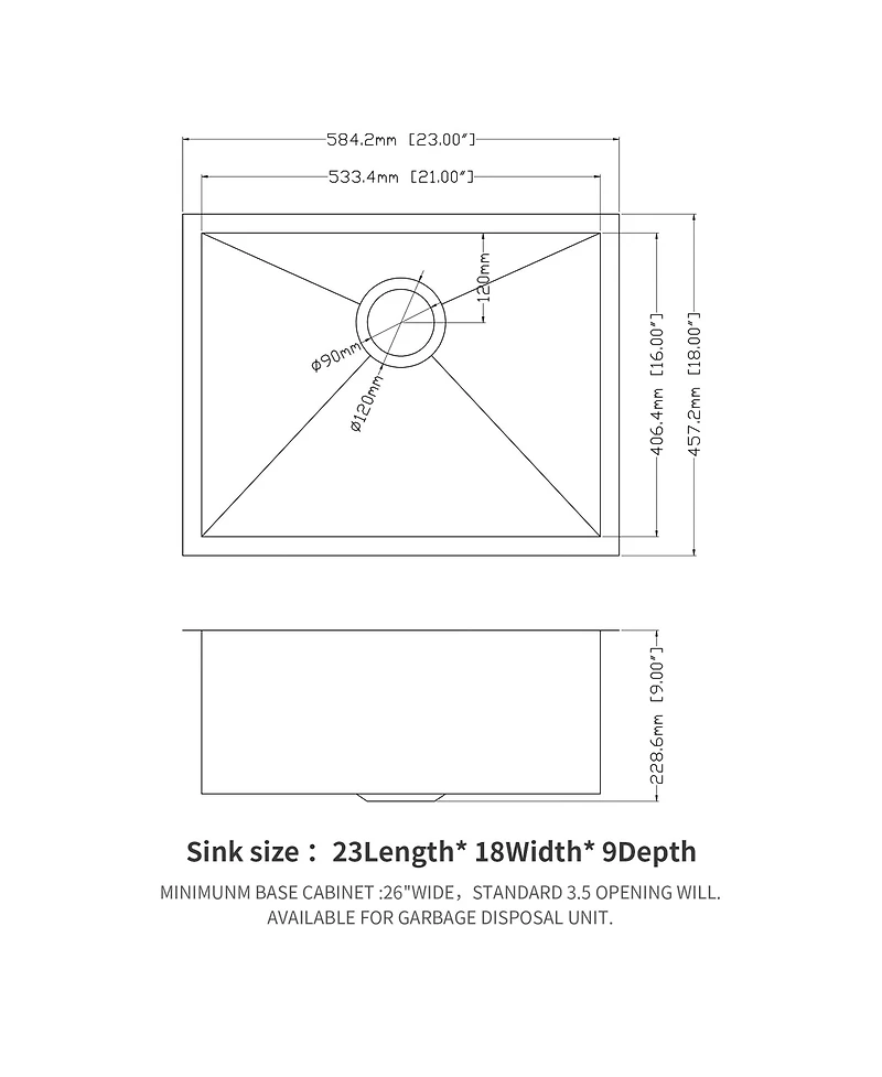 flynama 23x18x9inch Undermount Kitchen Sink Single Bowl Stainless Steel 16 Gauge Deep Basin