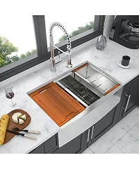 flynama 33x22x10 Inch Double Bowl 5050 Farmhouse Workstation Kitchen Sink 16 Gauge T304 Stainless Steel Apron Front With Cutting Board Colander